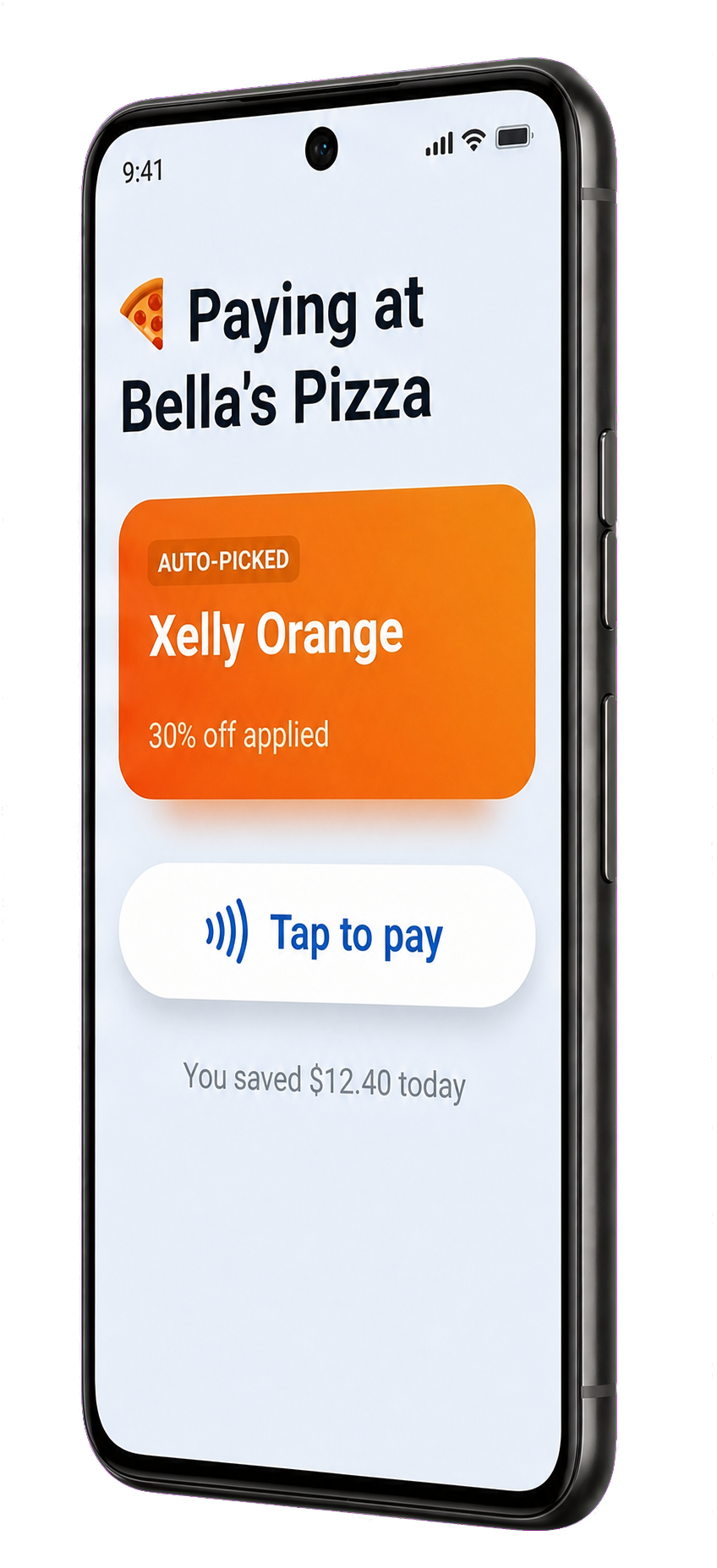 Android phone showing the Xelly wallet auto-picking the Xelly Orange card with 30% off at Bella's Pizza, ready for tap-to-pay